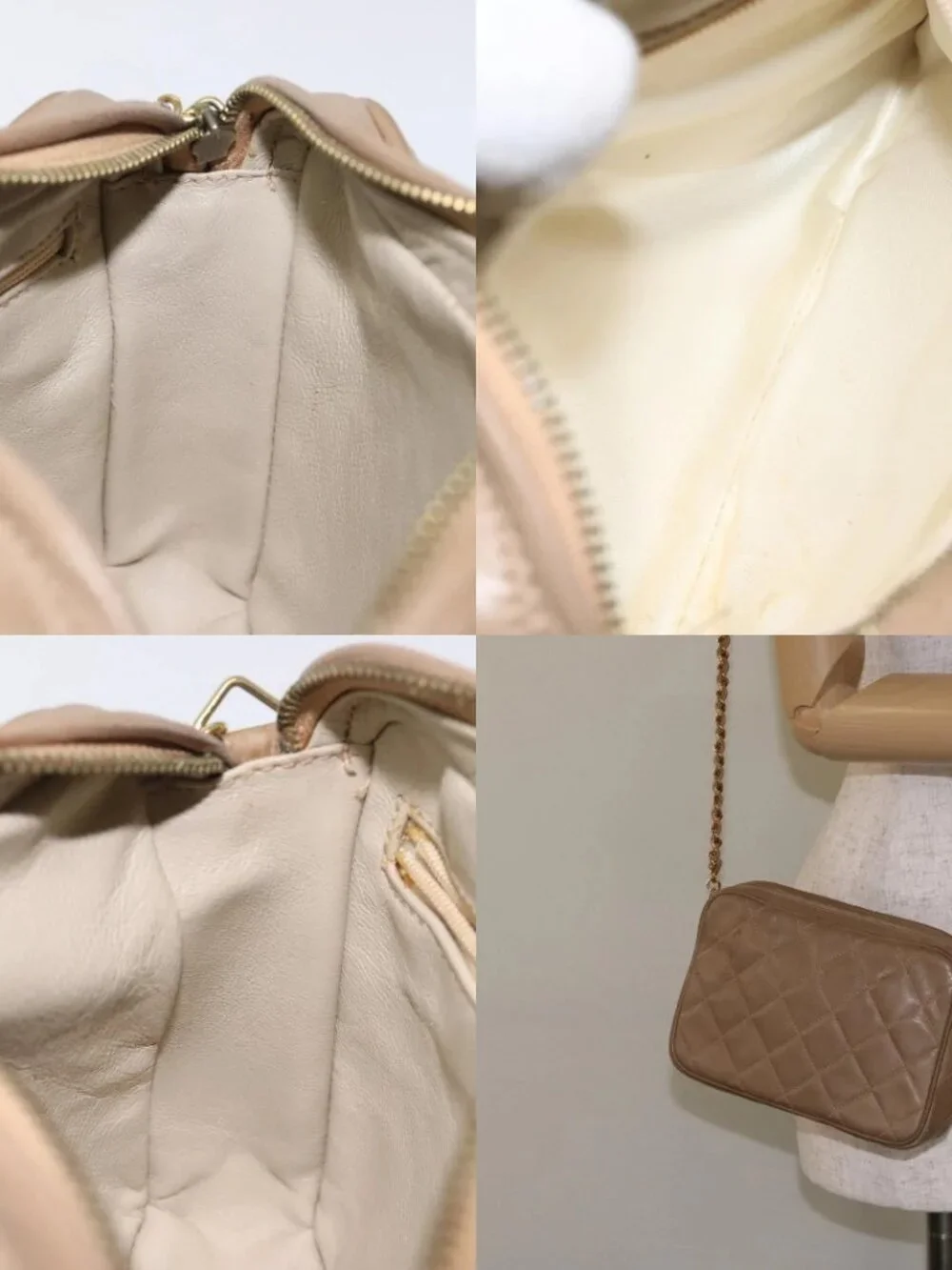 CHANEL Matelasse Chain Shoulder Bag Lamb Skin Beige Gold CC Auth 127575